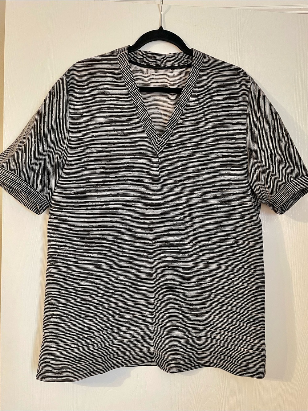 COS Black & White Striped V-Neck Short Sleeve Polo